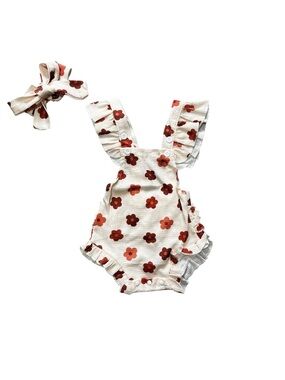 Baby Girl Floral Boho Romper + Headband Set NWOT Ruffle Sunsuit 0-3M